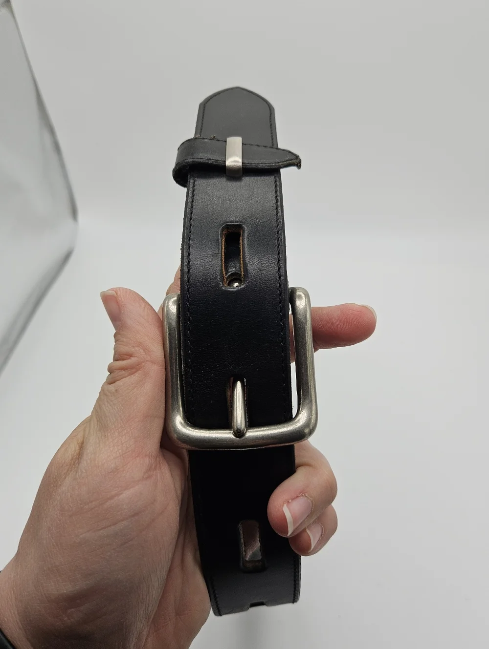 J. Crew black leather belt with silver tone square buckle size 26 - Picture 3 of 5